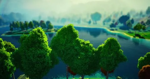 Lush green trees overlooking serene lake at dawn with mist rising Stock Illustration