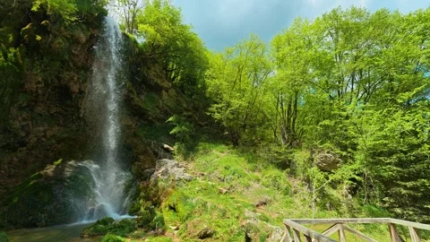 Lush green trees surround a gentle waterfall. Gostilje Waterfall, Serbia. Stock Footage 337059931