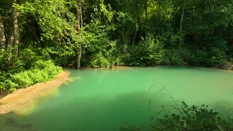 Lush green trees surround a vivid turquoise pool. Bigar Waterfall, Serbia 動画素材 346249699