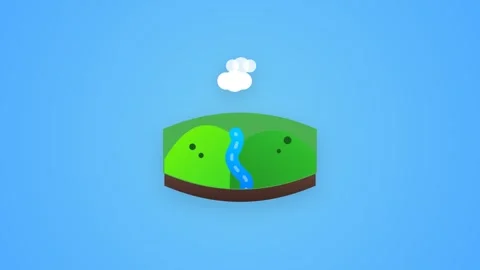 Lush Green Valley 3D Icon with Meandering Sapphire River and Drifting Fluff.. Видео 346202247