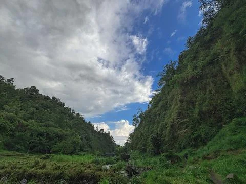 Lush Green Valley Between Cliffs with Blue Sky and Cloud Stock Photos