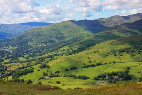 Lush green valley with a patchwork of rolling hills and lush grassy fields. Fotos de archivo