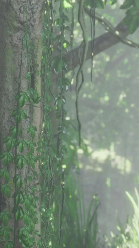 Lush green vines cascading down a tree bathed in soft morning light Stock Footage 334206313