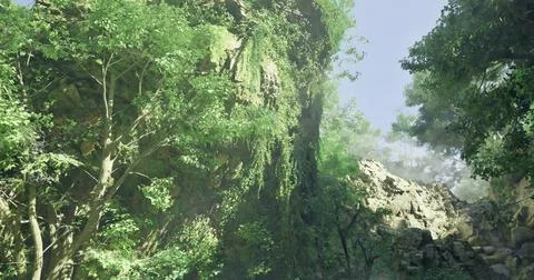 Lush greenery and dramatic rock formations in a serene forest location Illustrazione stock
