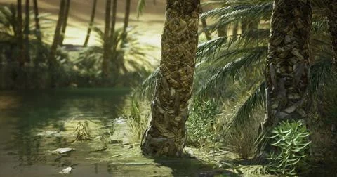 Lush greenery and tranquil waters captured in a serene oasis environment Stock Illustration