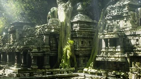 Lush greenery envelops ancient temple ruins in Cambodia during midday sunligh Stock Illustration