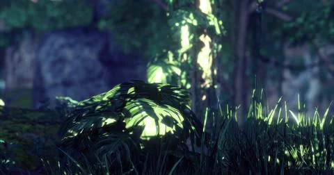 Lush greenery glows under soft sunlight in a tranquil forest setting Illustrazione stock