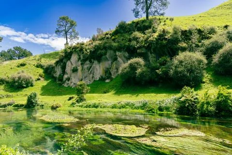 Lush Hillside Cliffs Reflected Clear River Fotos Stock