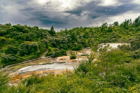 Lush Hillside Path Above Steaming Geothermal River Fotos Stock