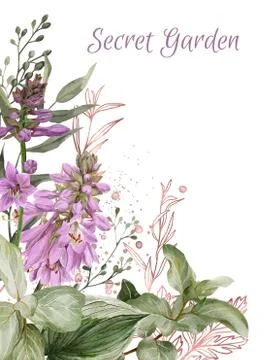 Lush hosta flowers, silverberry branches and rose gold Stock Illustration