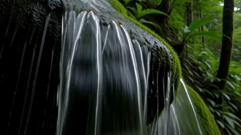 Lush jungle waterfall cascade over mossy rocks creating serene tropical lan.. Stock Footage 321948078
