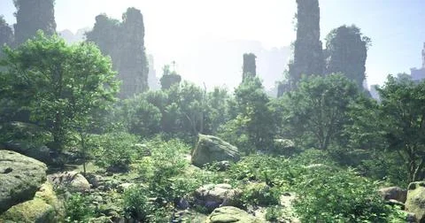 Lush landscape with large rock formations and trees under a bright sky Stock Illustration
