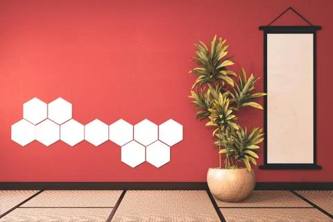 Lush lava empty room with hexagon light on wall decoraion and tatami mat floo Stock Illustration