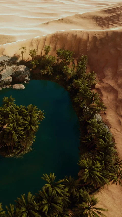 Lush oasis set amid sandy dunes with palm trees and clear water 스톡 동영상 345009632