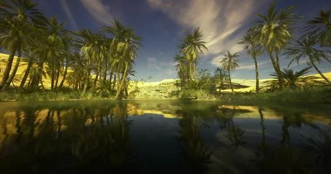 Lush oasis surrounded by palm trees under a vivid sky at sunset イラスト素材