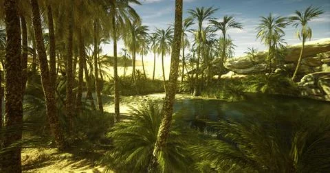 Lush oasis surrounded by palm trees with golden desert background Stock Illustration