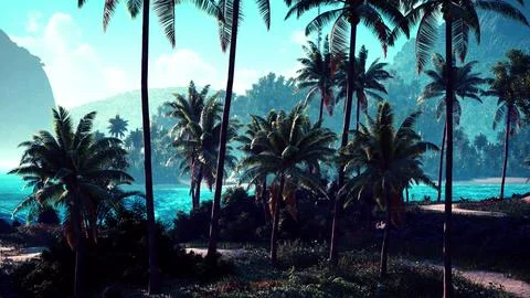 Lush palm trees lining a serene tropical beach along crystal blue waters Stockillustratie