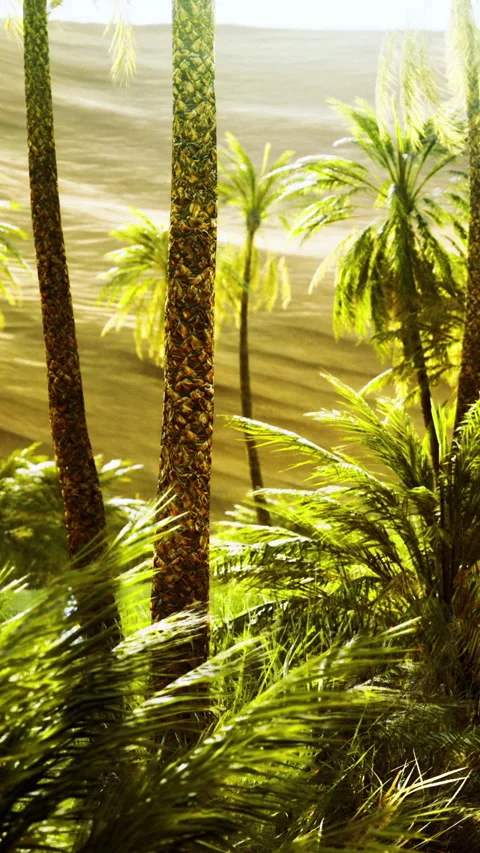 Lush palms with golden sands in the background at a desert oasis Stock Footage 334259095