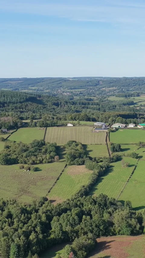 A lush patchwork of green fields, meadows, and hedgerows in the rural Morvan Stock Footage 346662884