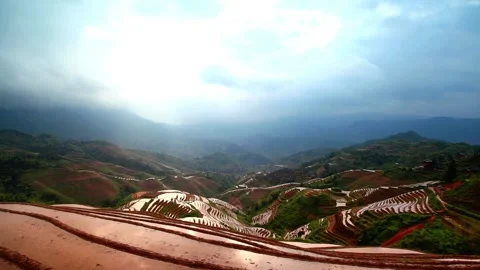 Lush rice terraces cascade down mountains under a cloudy sky Stock Footage 311819317