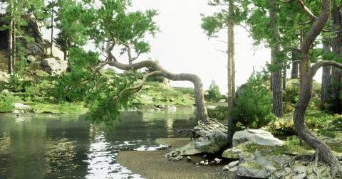 Lush riverside landscape featuring twisted trees and calm waters during midda Stock Illustration