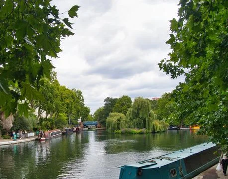 Lush trees frame a calm the junctio.. Stock Photos