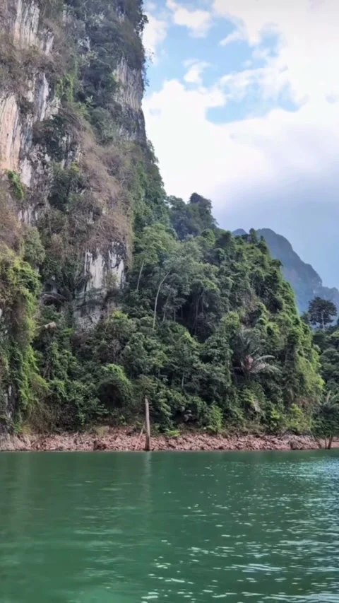 Lush Tropical Cliffs Over Emerald Water Video stock 331439763