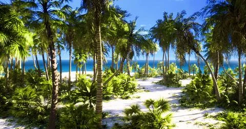 Lush tropical paradise with vibrant greenery and calm ocean view 库存插图