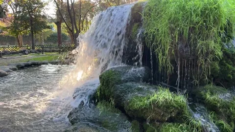Lush waterfall cascading over mosscovered rocks in serene sunlit park Stock Footage 325518042