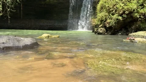 Lush Waterfall Cascading into Tranquil Green Pool, Dolly Reveal Shot Stock Footage 325646030