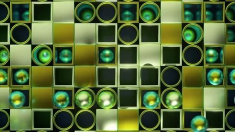 Lustrous spheres float over a golden and emerald checkerboard, a luxurious 3D Stock Footage 265428478