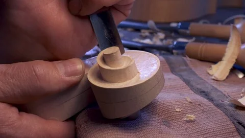 Lute maker carving on violin snail head Video stock 70308748
