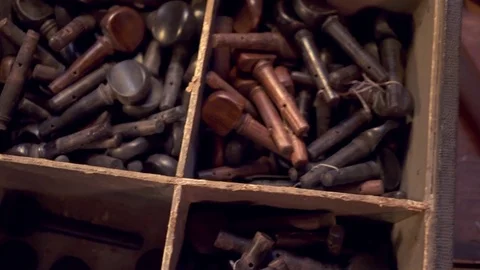 Lute makers workshop table with violin corpus Video stock 70312622