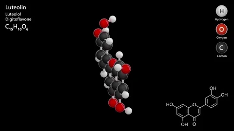 Luteolin. Medicament. 3D model of a molecule. C15H10O6. Black back. 3D render Stock Footage 295794775