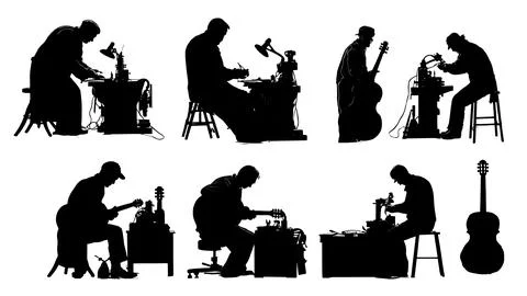 Luthier Crafting a Guitar in Workshop Silhouette Set Stock Illustration