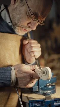 Luthier crafting violin scroll with chisel and vise Foto stock