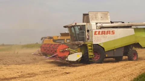 Lutsk, Ukraine - August 5,2020: Two modern combine harvesters with rotor Stock Footage 146991364