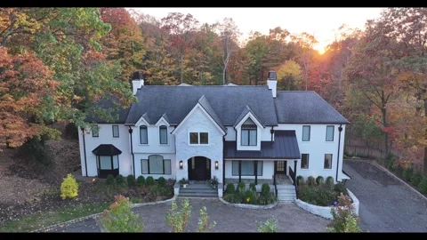 LUX Fall Leaves Trees NYC Skyline Aerial from Watchung NJ 2024 Mansion 2 Stock Footage 289147663