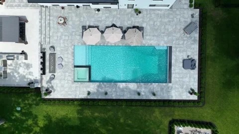 LUX Pool Umbrella Modern Fire Pit Grill  Gazibo from Above Sports Car in Dr.. Vídeos de archivo 274684018