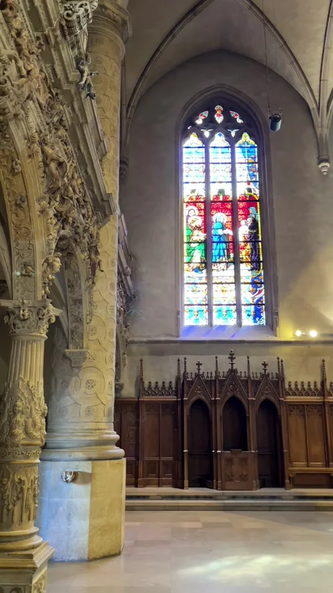 Luxembourg, 13 August 2026 selective focus on Gothic interior of Notre-Dame.. Stock Footage 345021934