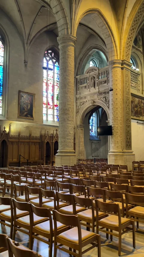 Luxembourg, 13 August 2026 selective focus on sacred interior of Notre-Dame.. Stock Footage 345021951