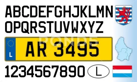 Luxembourg car license plate, letters, numbers and symbols Stock Illustration