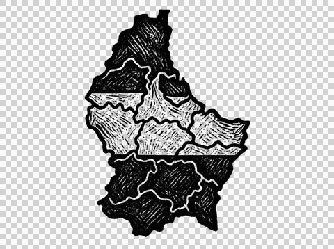 Luxembourg divided map with flag colors in black and white etching. Stock Illustration