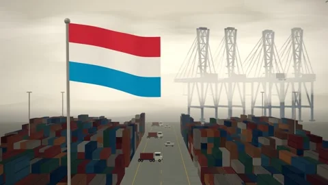 Luxembourg Flag Flying Over A Container Port Terminal In Morning Haze Видео 344472737