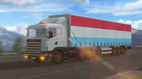 Luxembourg flag shown on the side of a large truck Stock Footage 122102675