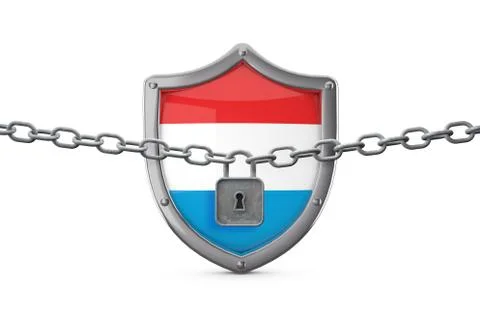Luxembourg lockdown concept. Shield with lock and chain. 3D Render Stock Illustration