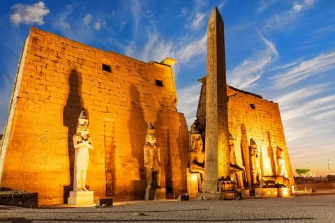 Luxor Temple side view with Pylon and obelisk beautiful sunset light, Egypt Stock Photos