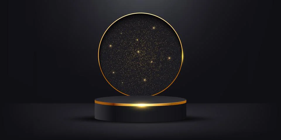 Luxurious 3d studio space with black and gold circle pedestal podium and glit Stock Illustration