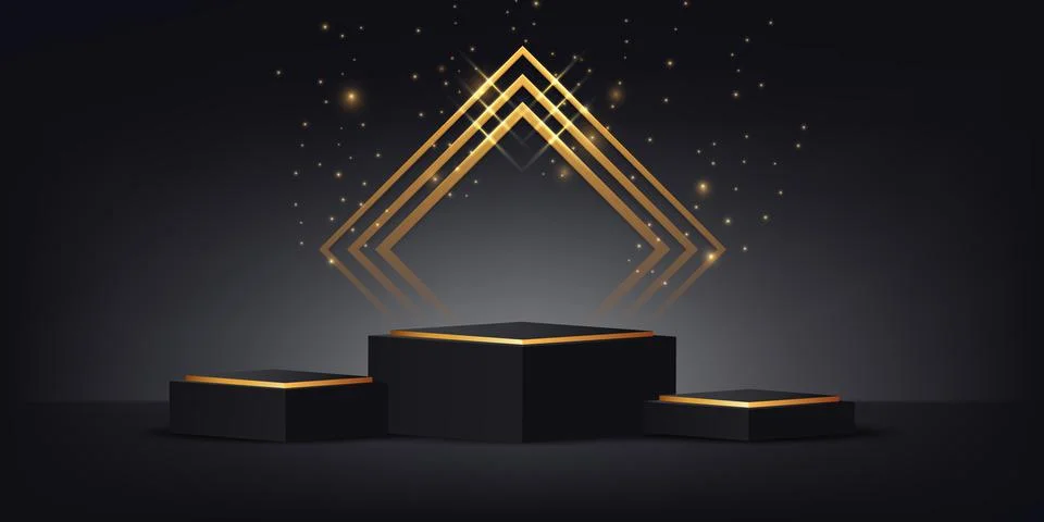 Luxurious 3d studio space with black and gold square pedestal podium with spa Stock Illustration