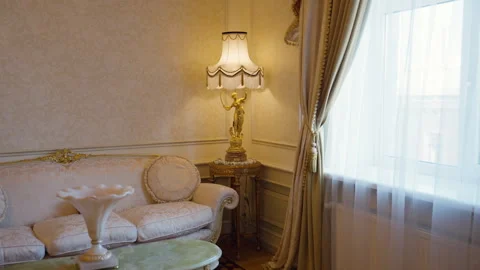 Luxurious apartment interior showcasing sleek furniture, refined decor elements Video stock 306423569